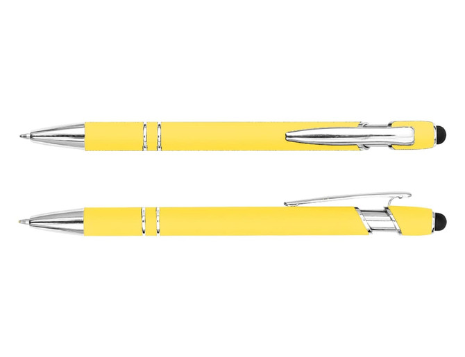 A yellow stylus pen with silver accents, featuring a glossy finish and a clip for easy attachment.
