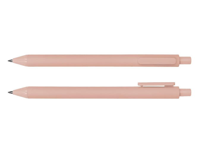 A set of two Virgo ballpoint pens in soft pink, featuring a sleek design and a clip for easy carrying.
