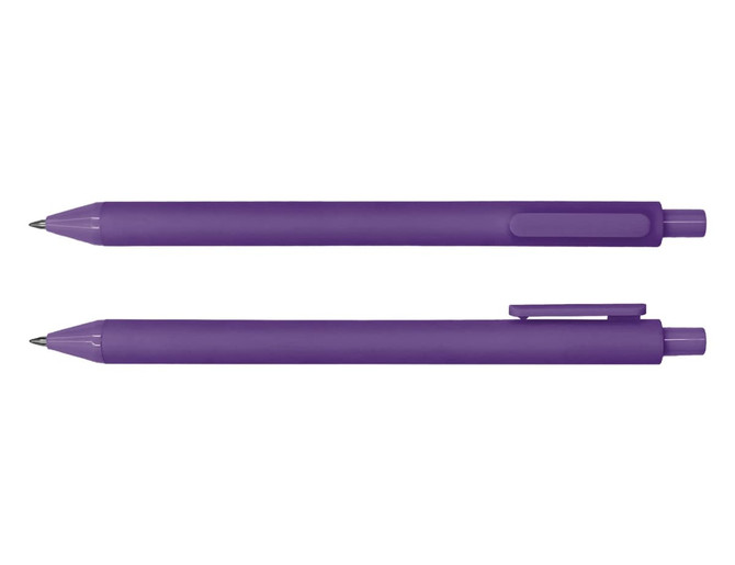 A purple ballpoint pen with a smooth finish, featuring a clip and a retractable tip.
