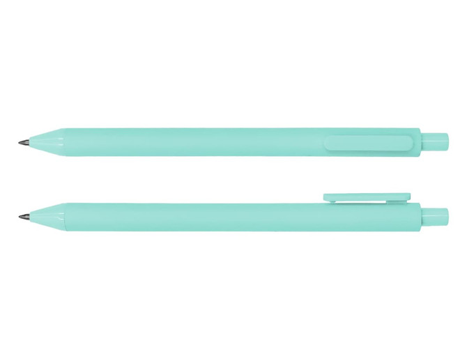 A turquoise ballpoint pen is displayed, featuring a smooth barrel and a clip for easy attachment.