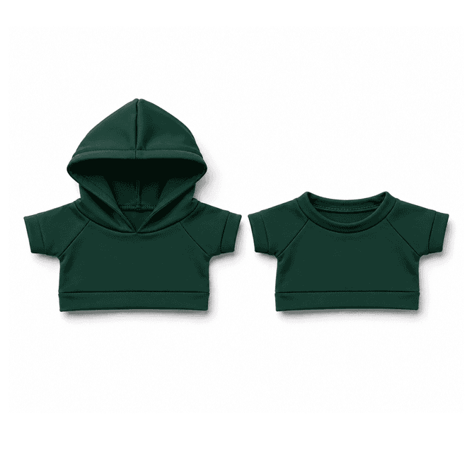 A set of green plush toy garments, including a hoodie and a short-sleeved top.