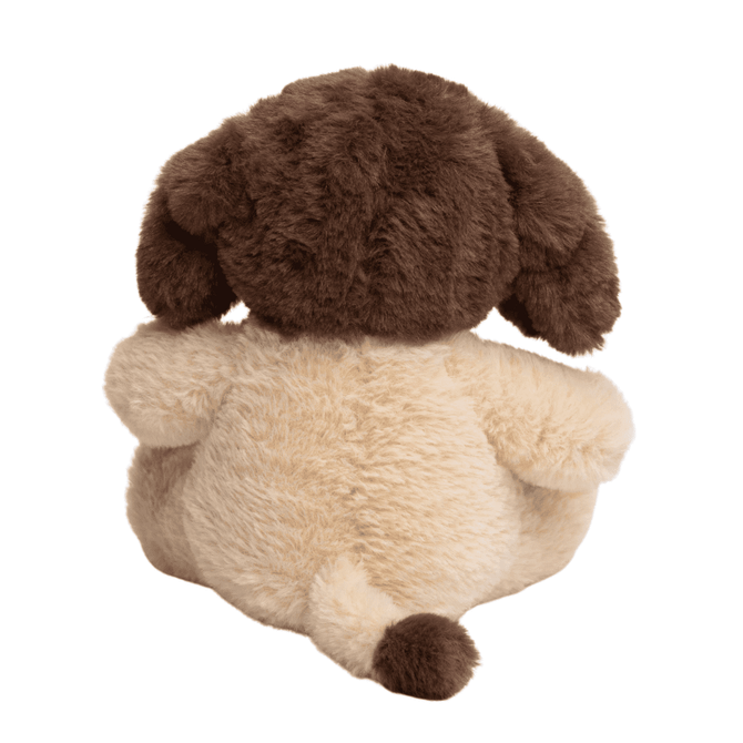 A soft, plush dog toy featuring a brown and beige colour scheme, with floppy ears and a stubby tail.