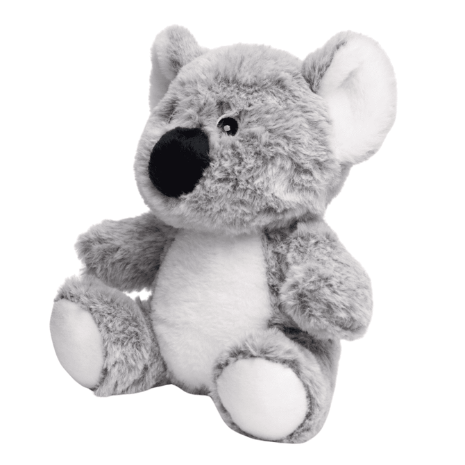 A grey and white koala plush toy with a soft, cuddly texture and a cute, round face. It has a logo on its side.