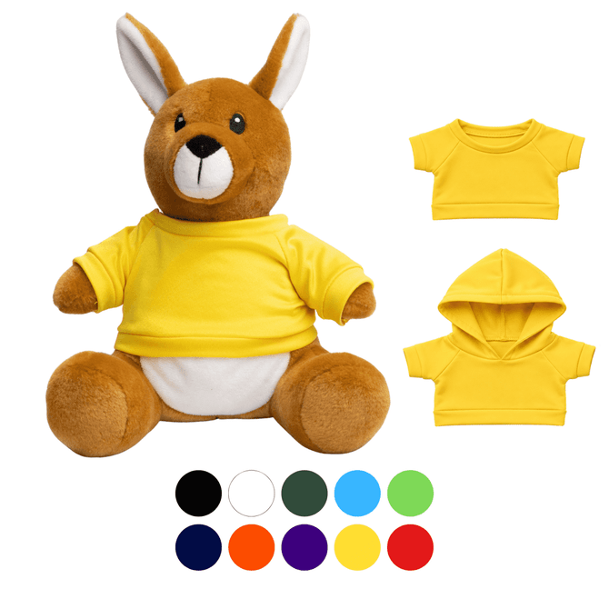 A brown kangaroo plush toy wearing a yellow top, with two additional clothing options in various colours.