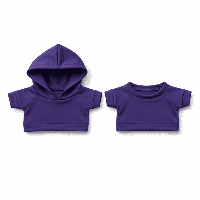 Two purple plush toy t-shirts, one with a hood and the other without, displayed together.