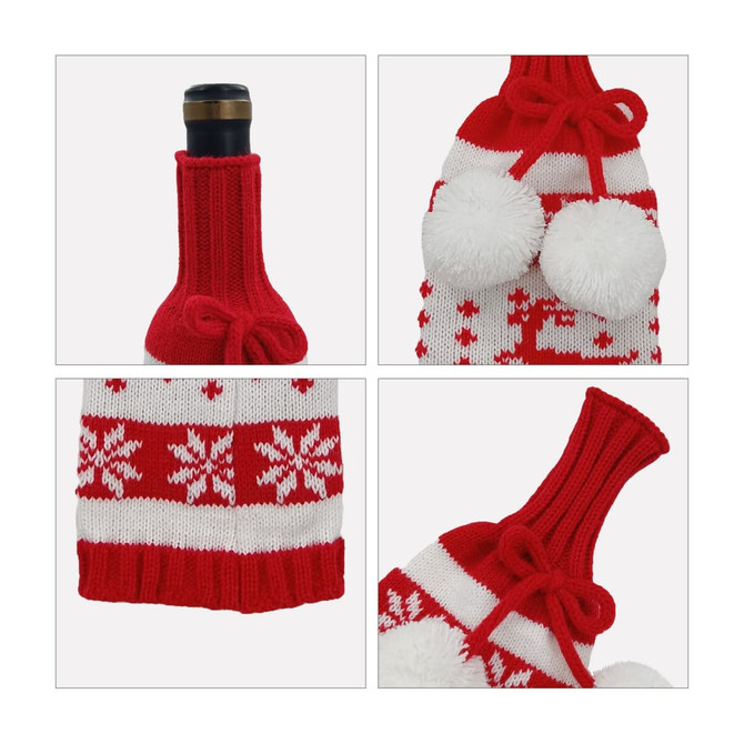 A drink bottle is covered with a custom knitted wine bottle sleeve in red and white, featuring pom-poms and snowflake patterns.