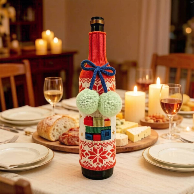 A drink bottle is enveloped in a red and white knitted sleeve with green pom-poms, sitting on a festive table.