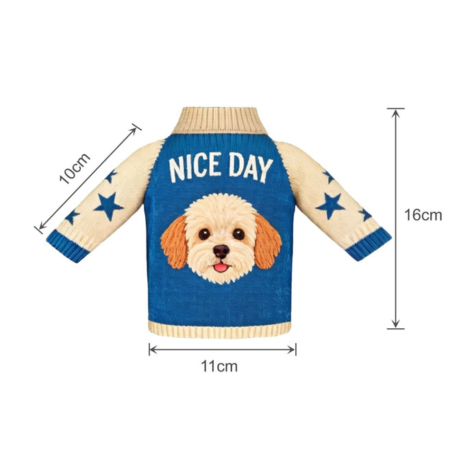 A drink bottle sleeve featuring a blue design with a dog graphic, stars, and a knitted texture. It has a logo.