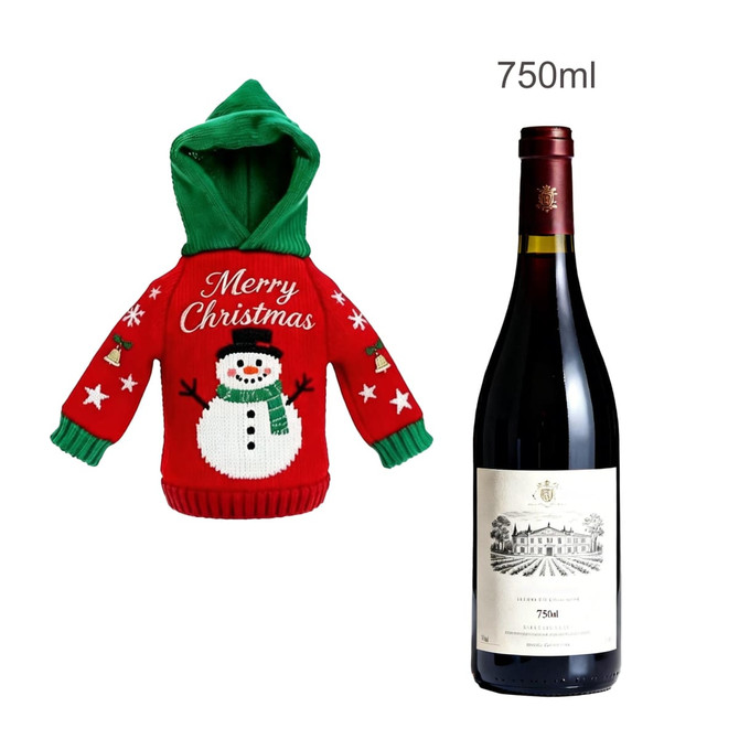 A drink bottle covered with a festive red and green knitted design featuring a snowman and Christmas motifs.