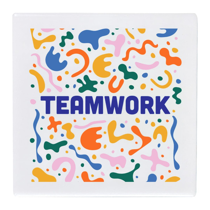 A square ceramic coaster featuring a colourful abstract design and the word "TEAMWORK" in bold, navy blue.