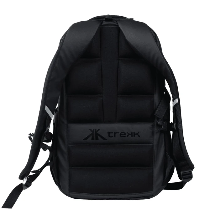A black computer backpack with padded back and adjustable straps, featuring a logo on the front.