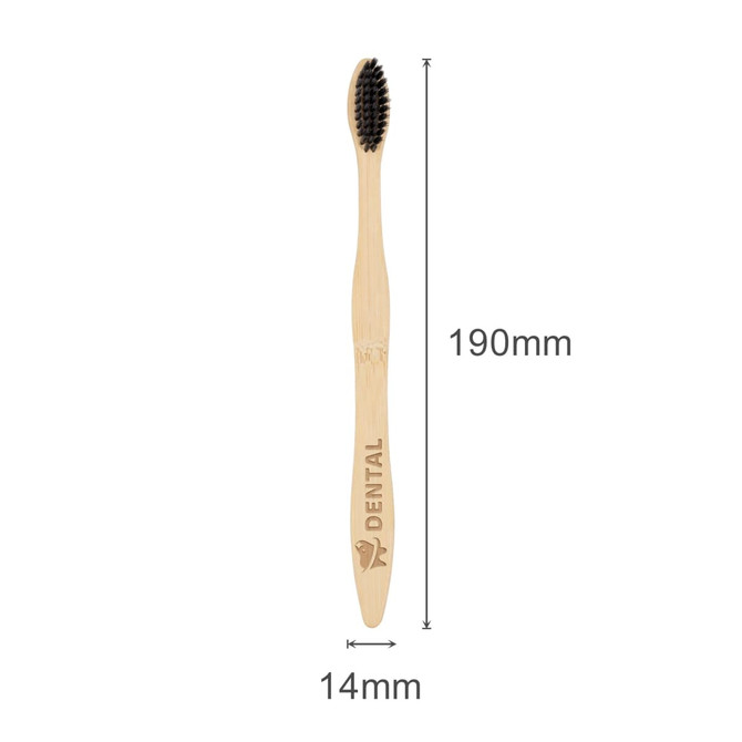 A bamboo toothbrush with a large wavy handle and black bristles, featuring an engraved logo. Measurements are 190mm by 14mm.
