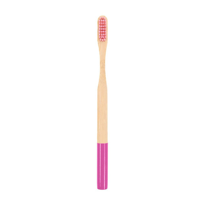 A large round handle bamboo toothbrush with a pink and natural bamboo design, featuring soft bristles.