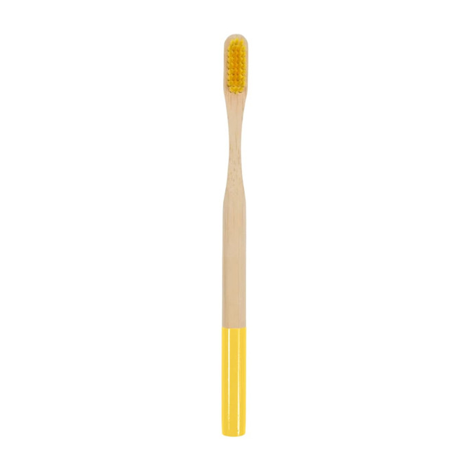 A large round handle bamboo toothbrush with a yellow head and a natural bamboo handle. It features a logo.