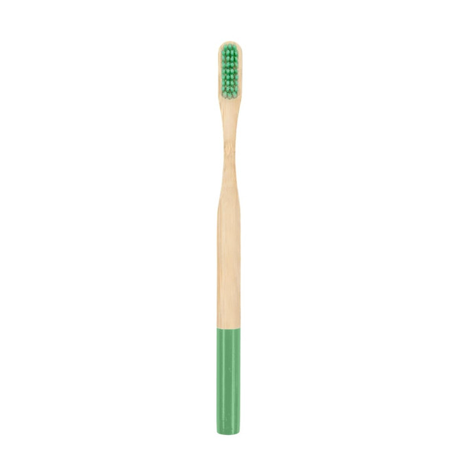 A large bamboo toothbrush with a green handle and bristles. It features a logo on the handle.