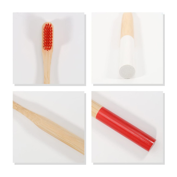 A colourful bamboo toothbrush with a large round handle featuring red bristles, white and red sections.