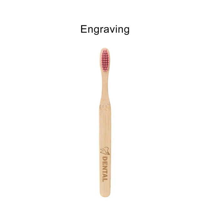 A bamboo toothbrush with a large flat handle and pink bristles, featuring a logo on the handle.