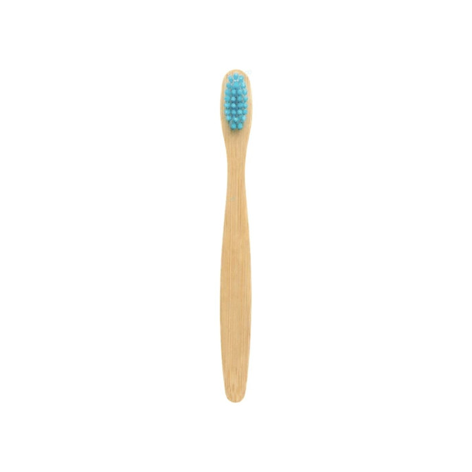 A small bamboo toothbrush with a natural bamboo handle and a light blue bristle head.