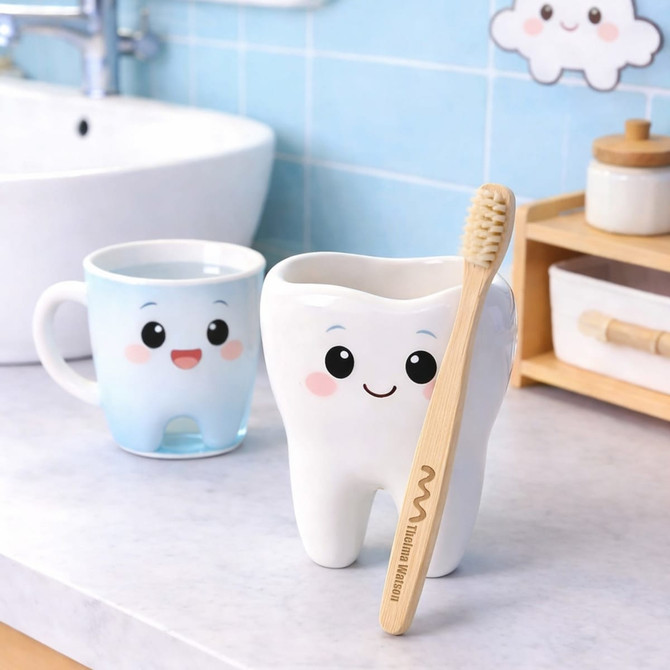 A small bamboo toothbrush with a light brown handle rests against a white tooth-shaped holder in a bathroom setting.