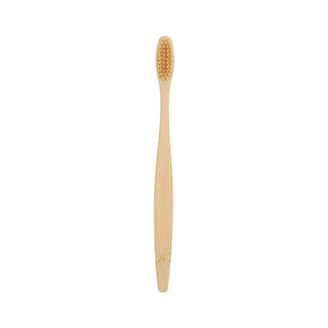 A large bamboo toothbrush in a natural beige colour with a textured bristle head and a simple design.