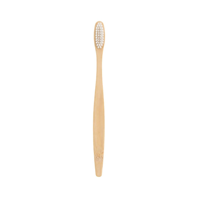 A large bamboo toothbrush with a wooden handle and white bristles. It features a simple design and includes a logo.