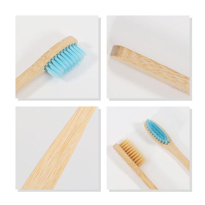 A large bamboo toothbrush with blue bristles and a natural bamboo handle. The design features smooth edges and a simple aesthetic.