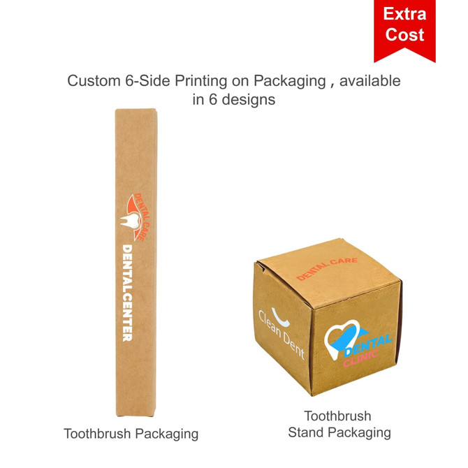 Two types of cardboard packaging for toothbrushes, featuring brown and light brown colours. One has a logo.