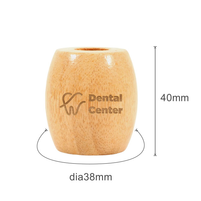 A bamboo toothbrush stand with a natural finish, featuring a logo, measuring 40mm tall and 38mm in diameter.