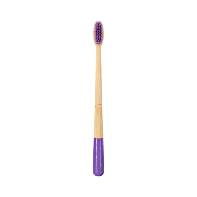A large conical handle toothbrush with a wooden bamboo body and a purple handle.