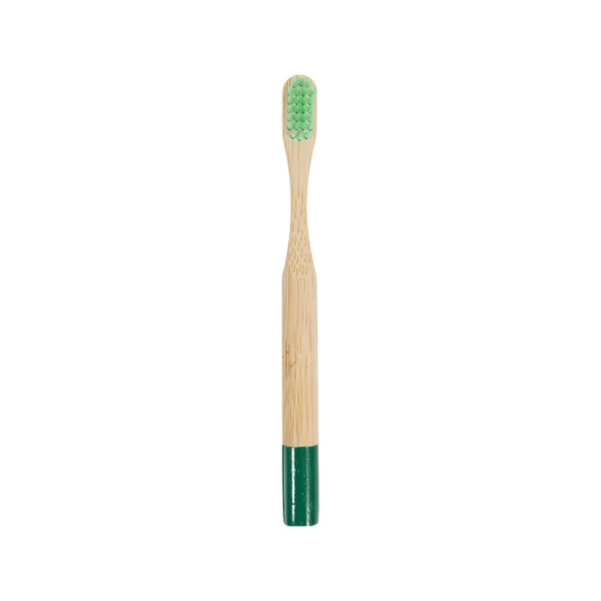 A bamboo toothbrush with a small round handle featuring a green bristle head and a green base. It has a logo.