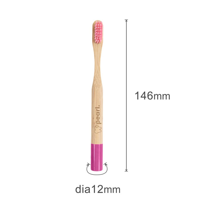 A small round handle bamboo toothbrush with a pink bristle head and a vibrant pink handle. Has a logo on the side.