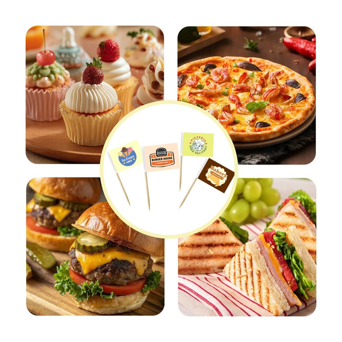 A pack of 100 coated paper flags in various colours, featuring design elements for food presentation.