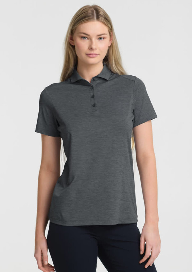 A women's short sleeve polo in dark grey, featuring a collar and a logo.