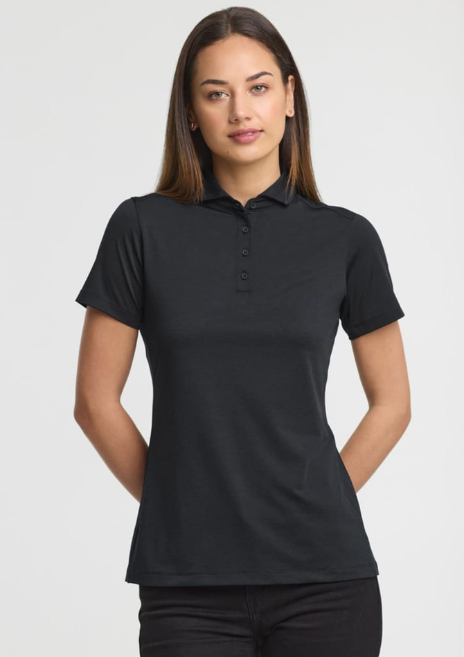 A black short sleeve polo shirt for women, featuring a collar and three-button placket, with a logo on the chest.