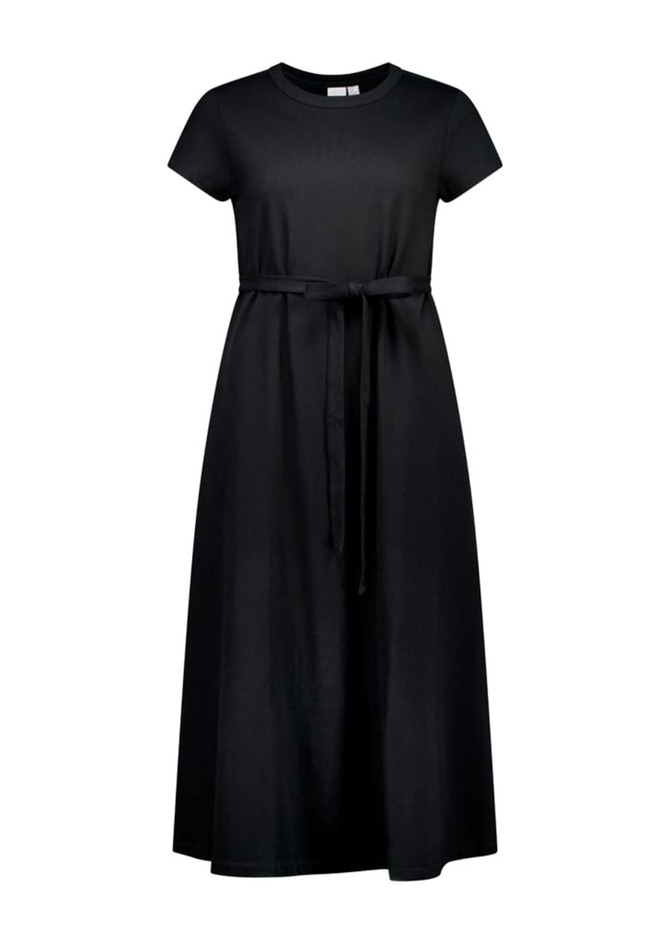 A black midi dress with a round neckline, short sleeves, and a tie belt at the waist. It has a minimalist design and a logo.
