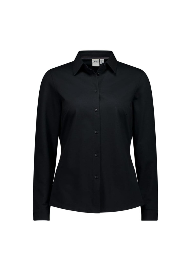 A black long sleeve button-up shirt for women featuring a collar and a logo.