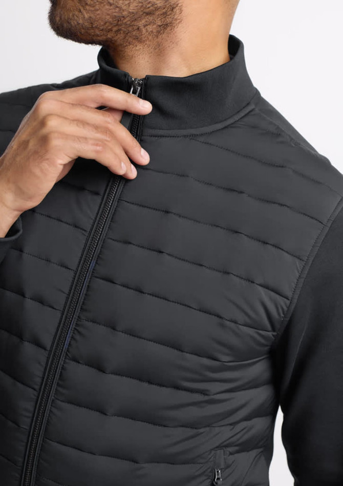 A men's tailor jacket in black with a zip front and a high collar, featuring quilted texture.