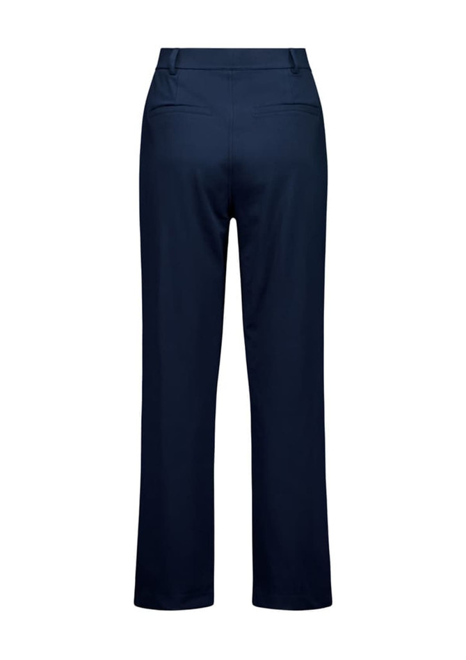 A pair of navy soft stretch pants featuring a straight leg design and back pockets. The product has a logo.