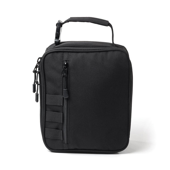 A black cooler bag featuring a zippered compartment and a sturdy handle, with attachment straps on the side.