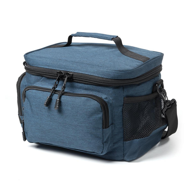 A blue lunch cooler with a zipped compartment, exterior pockets, a handle, and a shoulder strap. It features a logo.