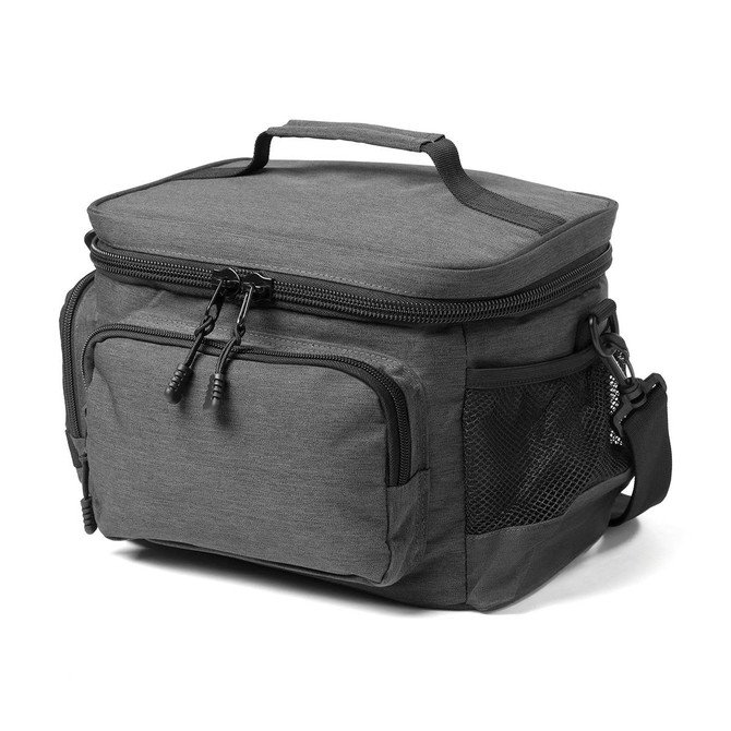 A lunch cooler in dark grey with a zippered main compartment and a side mesh pocket. It has a sturdy handle and adjustable strap.