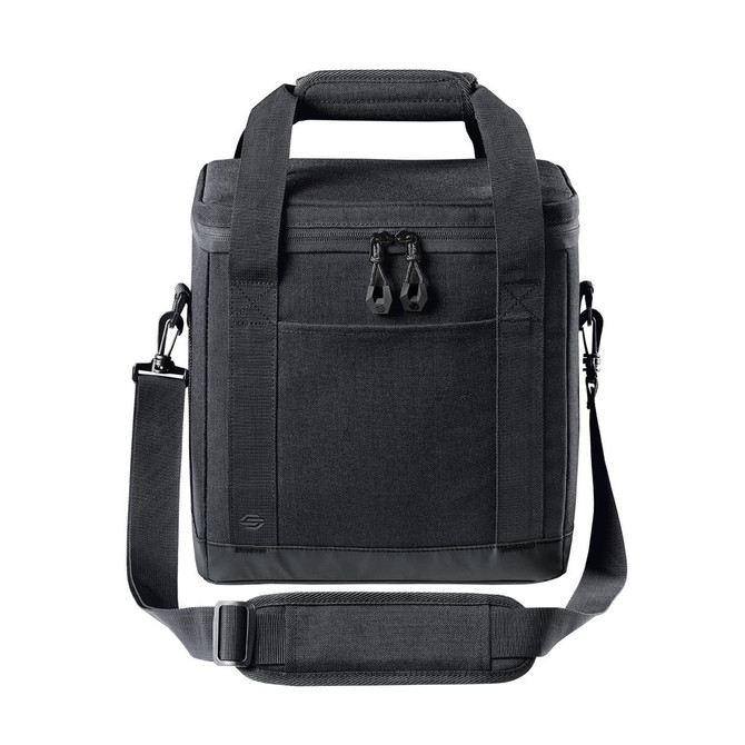 A black cooler bag with a zippered front pocket, short handles, and an adjustable shoulder strap. It has a logo.