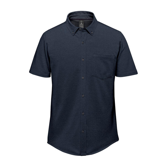 A navy short sleeve knit shirt featuring a button-down collar and a chest pocket, with a logo on the label.