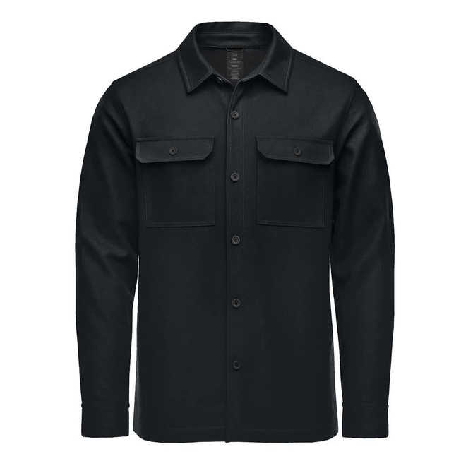 A black plaid shacket featuring two front pockets and a button-up design. It has a logo on the label.