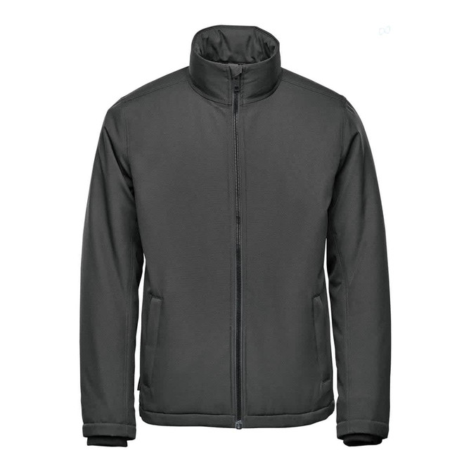 A thermal jacket in dark grey, featuring a zip front and a stand-up collar, with side pockets and branding.