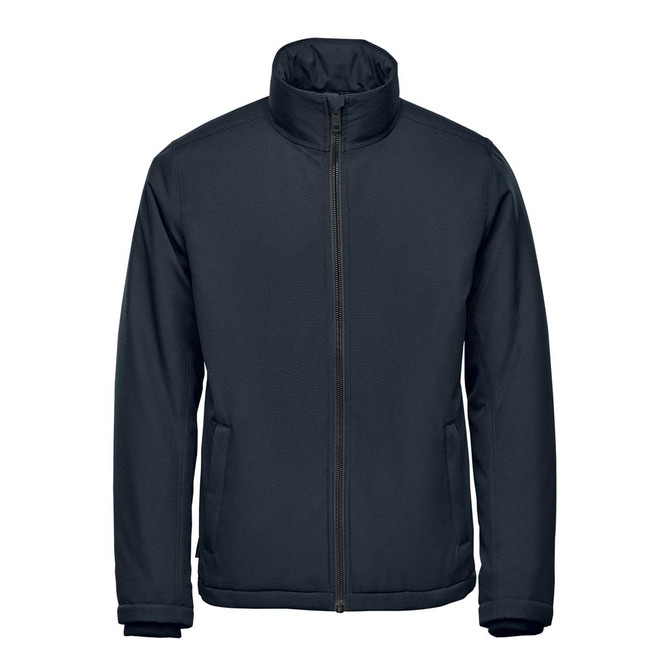 A navy blue Men's Athabasca Thermal Jacket features a high collar and front zip, with side pockets and a logo.