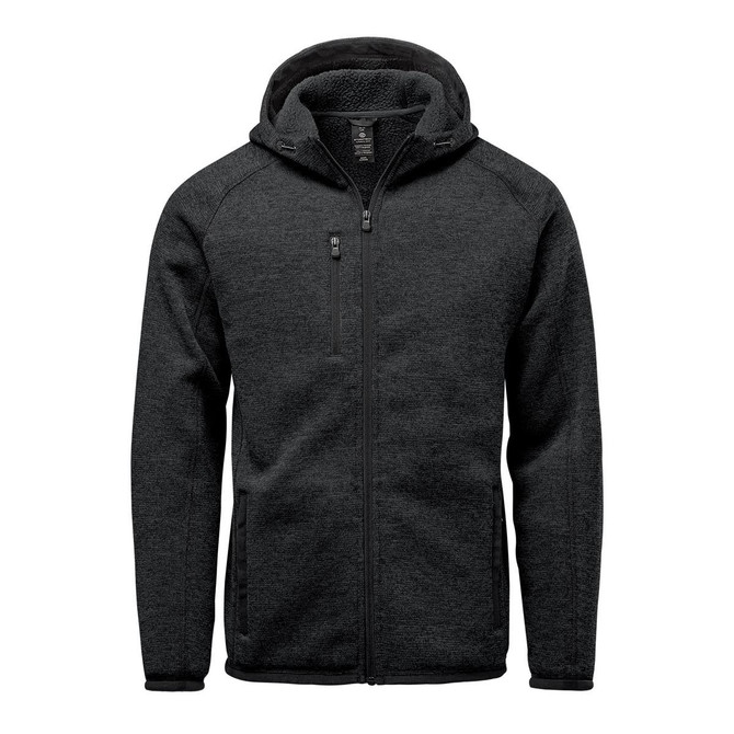 A black full zip fleece hoody featuring a hood and multiple zippered pockets. It has a logo on the front.