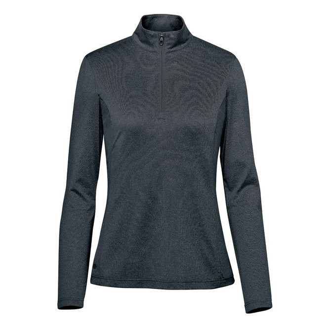 A women's pullover in dark grey with a 1/4 zip and long sleeves, featuring a logo on the side.