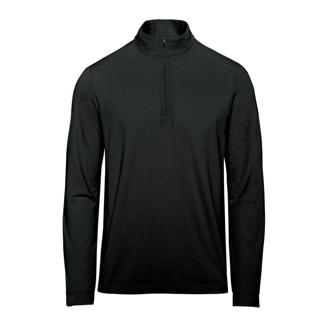 A black 1/4 zip pullover for men with long sleeves, featuring a collar and a logo on the sleeve.