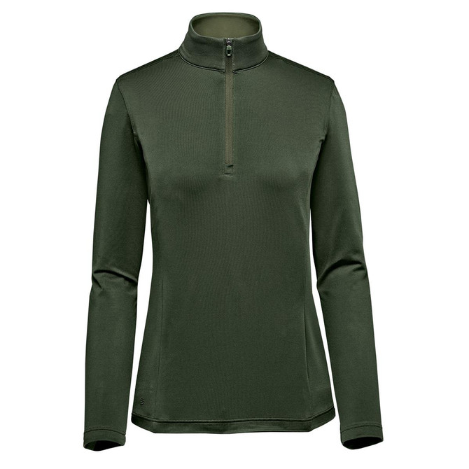 A women's pullover in dark green with a 1/4 zip and long sleeves, featuring a logo on the chest.